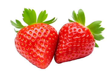 Strawberries isolated. Two ripe strawberries, half a strawberry with green leaves on a white background.