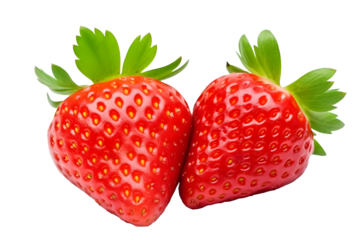 Strawberries isolated. Two ripe strawberries, half a strawberry with green leaves on a white background.