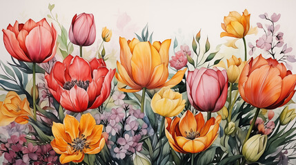 Watercolor colorful spring tulips flowers bouquet 