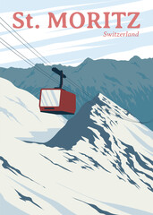 red ski cable car in st. moritz poster design, vintage poster switzerland national park vector design