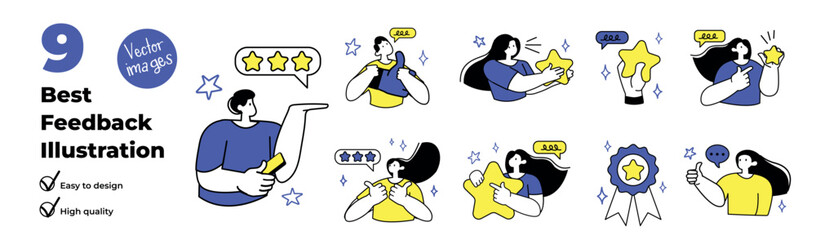 Artboard of mini concepts on the topic of best feedback. This colorful cartoon-style set of scenes highlight people receiving the best feedback for their exceptional work. Vector illustration.
