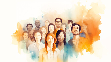 Group of diverse young people smiling together, positive and united, watercolor illustration on white background, diversity concept