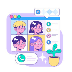 Engaging online group video call featuring diverse faces. Flat vector illustration.