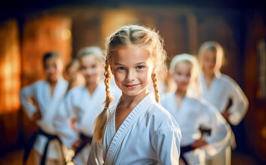 Group of children about 7-12 years old in white karate kimono in a gym. In the foreground there is a nice smiling small girl karateist with long blonde hair tied in pigtails