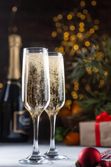 two glasses of champagne on the New Year's table