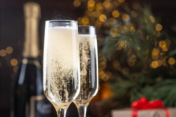two glasses of champagne on the New Year's table