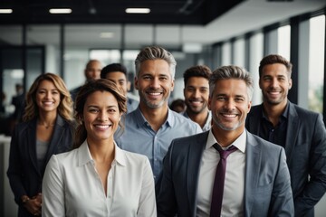 Obraz premium Group Portrait of successful smiling businessmen, multi ethnic business team standing and looking at camera.