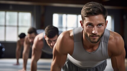 Strong man with bare chest does push ups in public gym. Young muscular sportsman exercises with friend in modern athletic center. Attractive bearded guy trains body at intense workout in sports club - obrazy, fototapety, plakaty