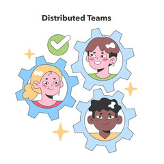Diverse team members in cogwheels represent collaboration in distributed virtual teams. Flat vector illustration.