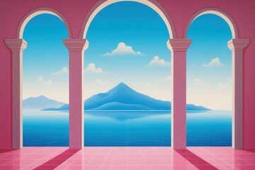 Empty pink room with balcony arches and pillars - calming ocean distant island view - idyllic lucid dreamlike scene - minimalist Architecture - tranquil design Interior style with surreal simplicity.