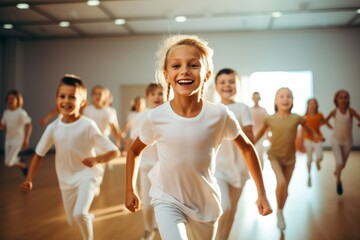 Portrait of smiling children of 7-13 years old enjoying modern dancing in a dance studio