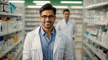 Portrait of a smiling male pharmacist standing working in a pharmacy, against the background of blurred shelves with medications. Background of healthcare and medicine. space for text