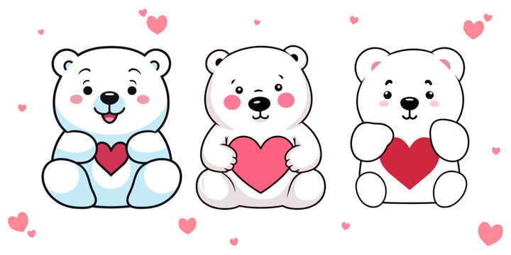 Valentine’s Day Special: Vector Set Collection of Cute Polar Bears with Hearts in Cartoon Style,  Transparent background, png, vector
