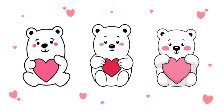 Flat Style Polar Bear Compositions: A Set Collection for Valentine’s Day with Hearts and Bears,  Transparent background, png, vector