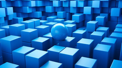 Blue abstract background with blue cubes and one outstanding sphere

