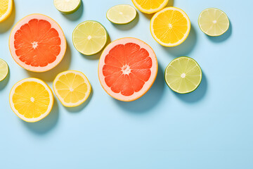 Fototapeta na wymiar summer background concept: sliced orange, grapefruit, lemon