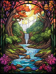 Stain glass window of a lush landscape with a waterfall.