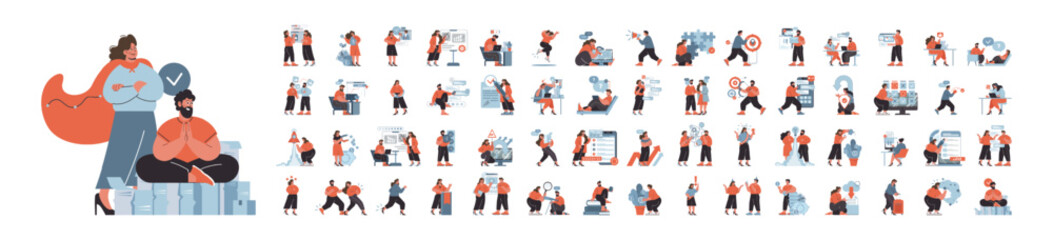 Workplace dynamics set. A diverse series of scenarios showcasing professionals navigating corporate life, from strategic planning to tech interaction. Inclusive, modern workplace themes. Flat vector.