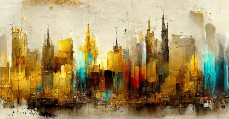 Photo sur Aluminium Peinture d aquarelle gratte-ciel Generative AI, Colorful and golden watercolor abstract cityscape painted background. Ink street graffiti art on a textured paper vintage background, washes and brush strokes 
