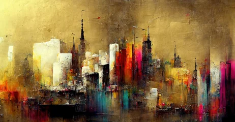 Foto op Plexiglas Generative AI, Colorful and golden watercolor abstract cityscape painted background. Ink street graffiti art on a textured paper vintage background, washes and brush strokes  © DELstudio