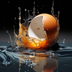 Broken and open egg on water and black background. Easter eggs.