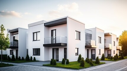 Appearance of residential architecture. Modern modular private townhouses. Residential minimalist architecture exterior. Modern neighborhood, early morning shot.