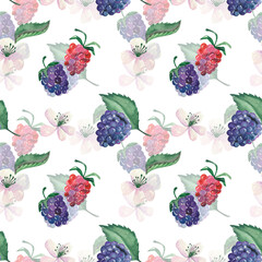 Watercolor seamless botanical pattern with fresh berries, flowers and leaves. Hand-drawn blackberry on white background.