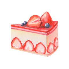 Watercolor piece of cake with fresh strawberries. Isolated dessert illustration.