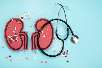 Kidney and differents pills on blue background. Organ diseases and treatment - obrazy, fototapety, plakaty
