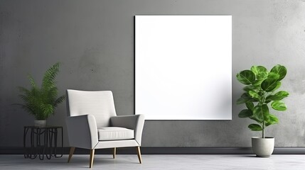 Part of the interior in a minimalist style against the background of a dark gray concrete wall - an armchair, house plant and a big art in modern home decoration. Photo with copy space.