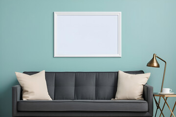 Mock up of minimalist living room interior in modern retro style. Beige, blue and pastel colors. Empty square frame on wall, copy space for text. 3D render. Generative AI