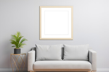 Mock up of minimalist living room interior in modern style. Beige, grey and pastel colors. Empty square frame on wall, copy space for text. 3D render. Generative AI