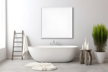 Fototapeta na wymiar Mock up of minimalist bathroom interior in scandinavian style. White wash bath, flower in pot. Empty frame on wall, copy space for text. 3D render. Generative AI