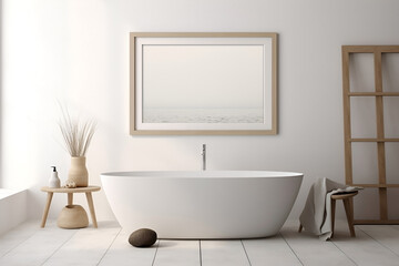 Mock up of minimalist bathroom interior in scandinavian style. White bath, flower in pot, decor. Empty frame on wall, copy space for text. 3D render. Generative AI