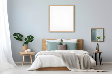 Mock up of bedroom interior in Scandinavian, eco style. Beige, blue and pastel colors. Empty square frame on wall, copy space for text. 3D render. Generative AI
