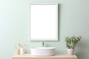 Fototapeta premium Mock up of minimalist bathroom interior in scandinavian style. White wash basin, flower in pot. Empty frame on wall, copy space for text. 3D render. Generative AI