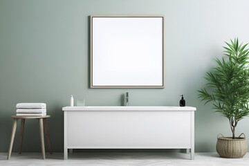 Fototapeta na wymiar Mock up of minimalist bathroom interior in scandinavian style. White wash basin, flower in pot. Empty frame on wall, copy space for text. 3D render. Generative AI