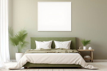 Mock up of bedroom interior in Scandinavian, eco style. Beige, green and pastel colors. Empty square frame on wall, copy space for text. 3D render. Generative AI