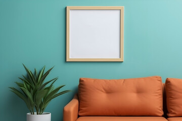 Mock up of minimalist living room interior in retro style. Empty square frame on wall and cozy soft sofa, turquoise and terracotta-red color, copy space for text. 3D render. Generative AI