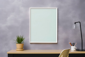 Mock up of minimalist interior workplace, table lamp. Empty frame on wall, copy space for text. 3D render. Generative AI