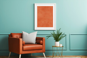 Mock up of minimalist living room interior in retro style. Empty square frame on wall and cozy soft chair, turquoise and terracotta-red color, copy space for text. 3D render. Generative AI