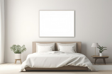 Fototapeta na wymiar Mock up of bedroom interior in Scandinavian, eco style. Beige and pastel colors. Empty square frame on wall, copy space for text. 3D render. Generative AI