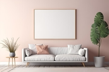 Fototapeta na wymiar Mock up of minimalist living room interior in modern style. Beige, grey and pastel colors. Empty square frame on wall, copy space for text. 3D render. Generative AI