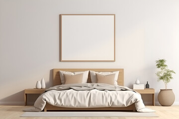 Mock up of bedroom interior in Scandinavian, eco style. Beige and pastel colors. Empty square frame on wall, copy space for text. 3D render. Generative AI