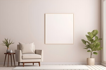 Mock up of minimalist living room interior in modern style. Empty square frame on wall and cozy soft chair, large pots of flowers, copy space for text. 3D render. Generative AI