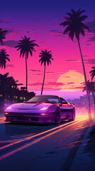 A vibrant, neon-lit scene depicting a sleek, futuristic sports car speeding along Miami's palm-lined coast at dusk
