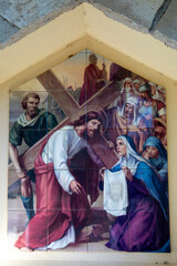 Stations of the Cross in Medjugorge sanctuary, Bosnia & Herzegovina. Station 6, Veronica wipes the...