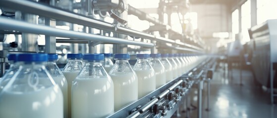 Automated dairy production line with milk bottles. Industrial technology and manufacturing.