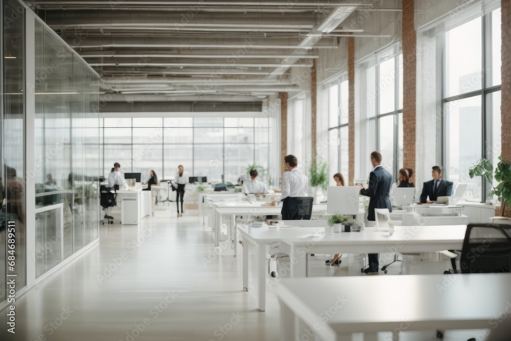 Poster blurred background of a modern office with working businessmen. banner background for copy space.
