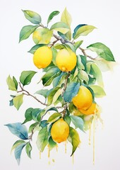 Generative AI image of colorful watercolor painting of leaves and lemon fruit on a branch
